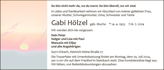 Traueranzeige von Gabriele Hölzel von Odenwälder Echo