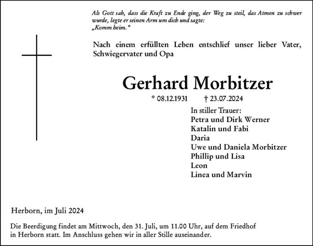  Traueranzeige für Gerhard Morbitzer vom 29.07.2024 aus Dill Block