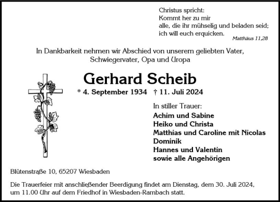Traueranzeige von Gerhard Scheib von Wiesbadener Kurier