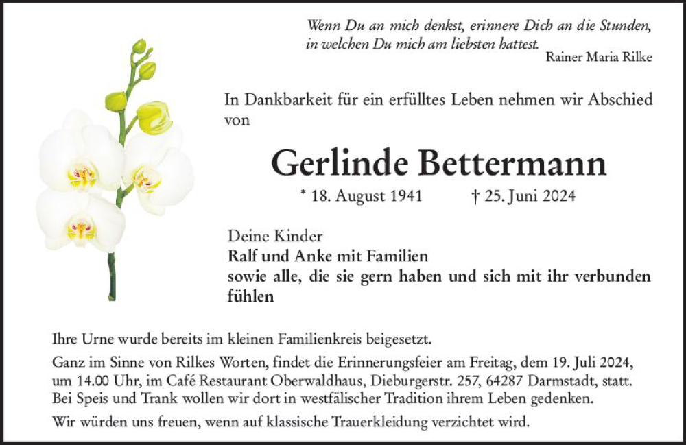  Traueranzeige für Gerlinde Bettermann vom 06.07.2024 aus Darmstädter Echo
