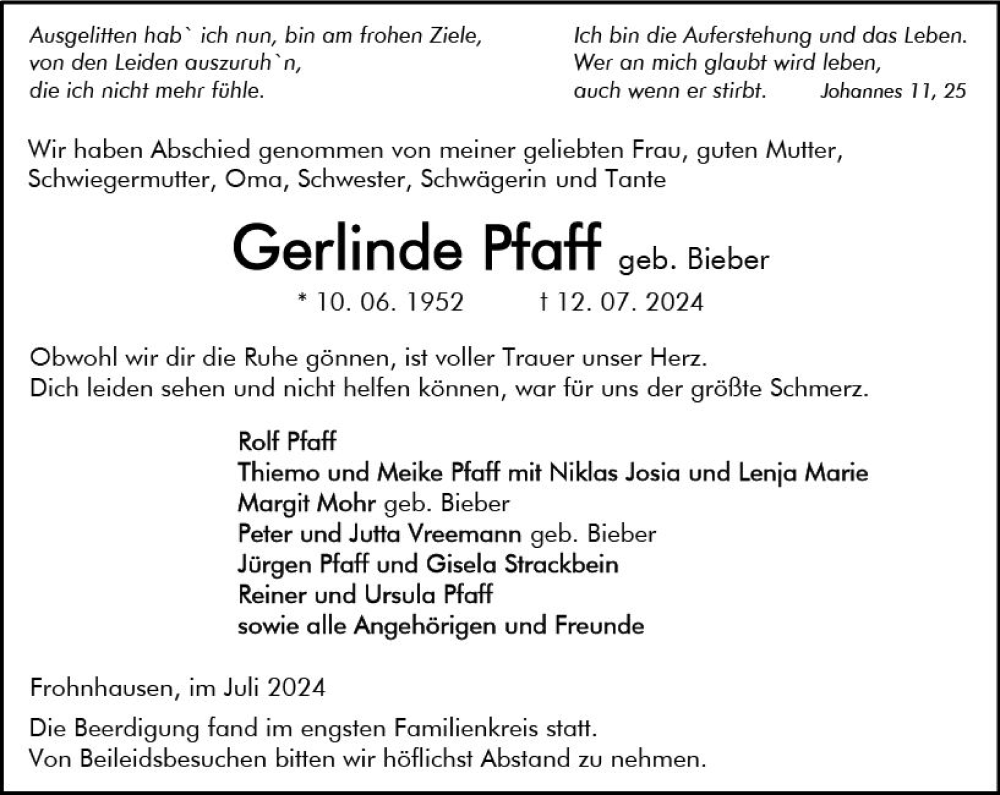  Traueranzeige für Gerlinde Pfaff vom 18.07.2024 aus Dill Block