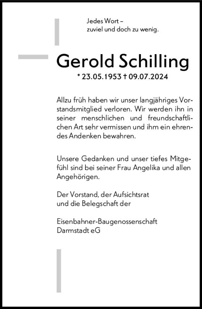  Traueranzeige für Gerold Schilling vom 20.07.2024 aus Darmstädter Echo