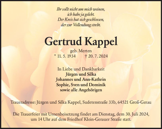 Traueranzeige von Gertrud Kappel von Groß-Gerauer Echo