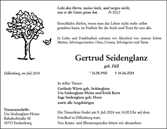 Traueranzeige von Gertrud Seidenglanz von Dill Block