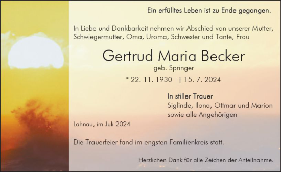 Traueranzeige von Gertrud Maria Becker von Wetzlarer Neue Zeitung