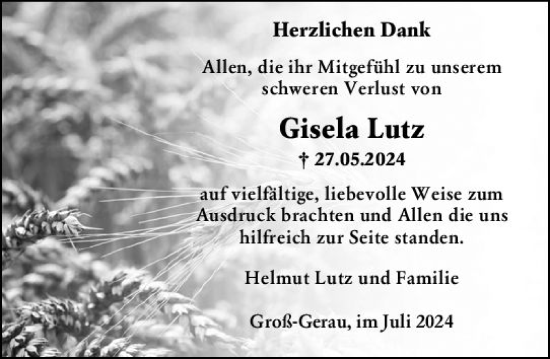 Traueranzeige von Gisela Lutz von Groß-Gerauer Echo