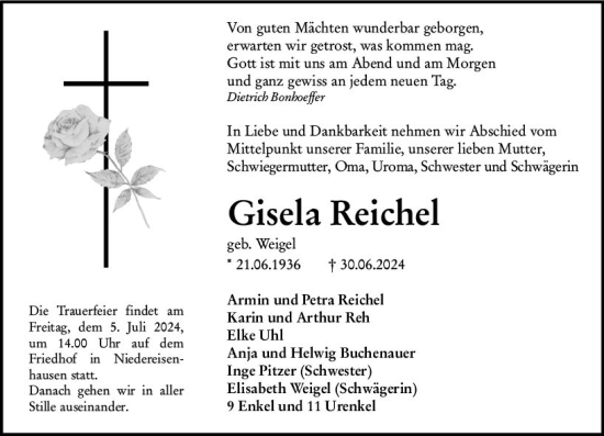 Traueranzeige von Gisela Reiche von Hinterländer Anzeiger