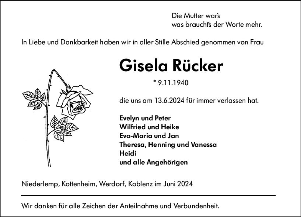  Traueranzeige für Gisela Rücker vom 02.07.2024 aus Wetzlarer Neue Zeitung
