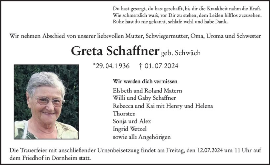 Traueranzeige von Greta Schaffner von Groß-Gerauer Echo