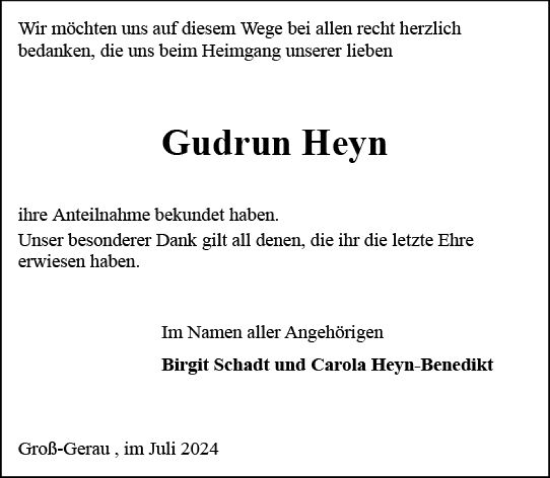 Traueranzeige von Gudrun Heyn von Groß-Gerauer Echo