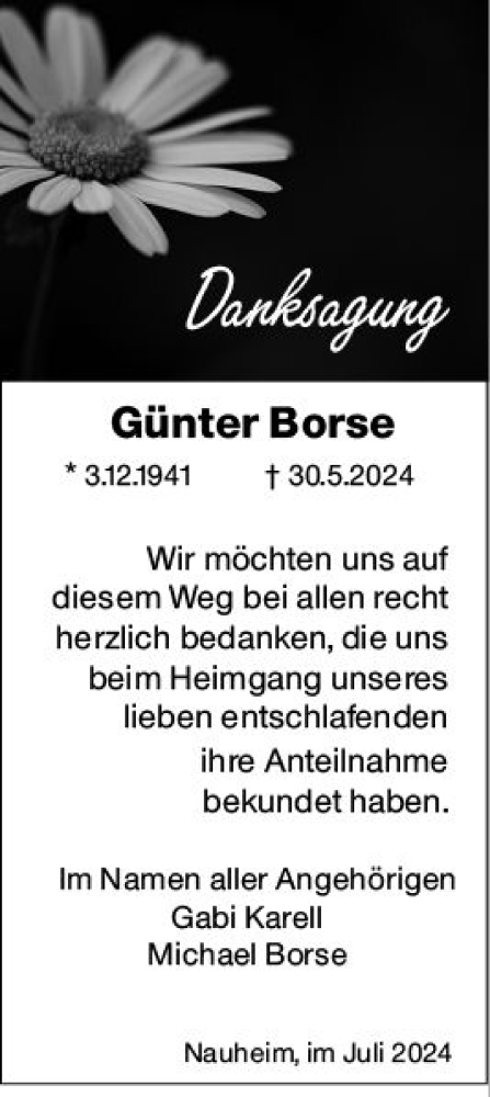 Traueranzeige für Günter Borse vom 20.07.2024 aus Rüsselsheimer Echo