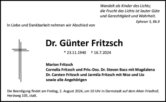 Traueranzeige von Günter Fritzsch von Darmstädter Echo