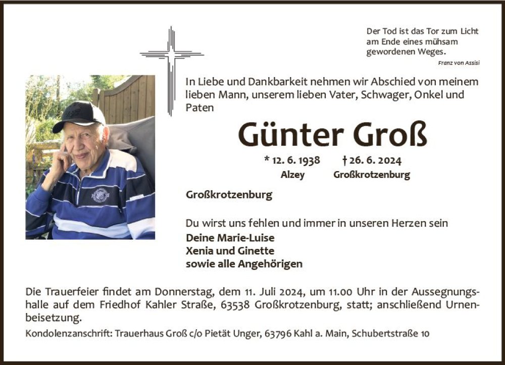  Traueranzeige für Günter Groß vom 06.07.2024 aus Allgemeine Zeitung Alzey