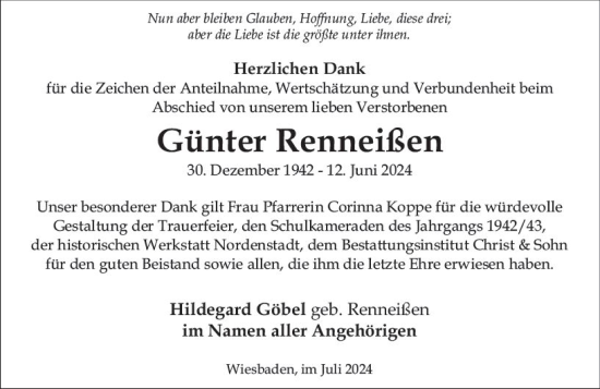 Traueranzeige von Günter Renneisen von Wiesbadener Kurier