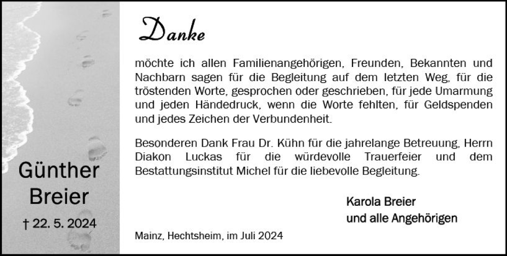  Traueranzeige für Günther Breier vom 13.07.2024 aus Allgemeine Zeitung Mainz
