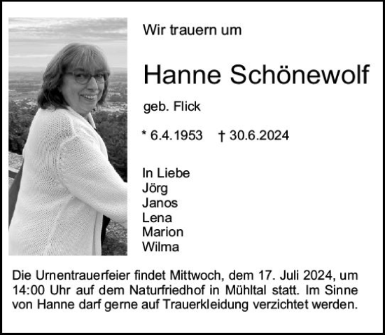 Traueranzeige von Hanne Schönewolf von Darmstädter Echo