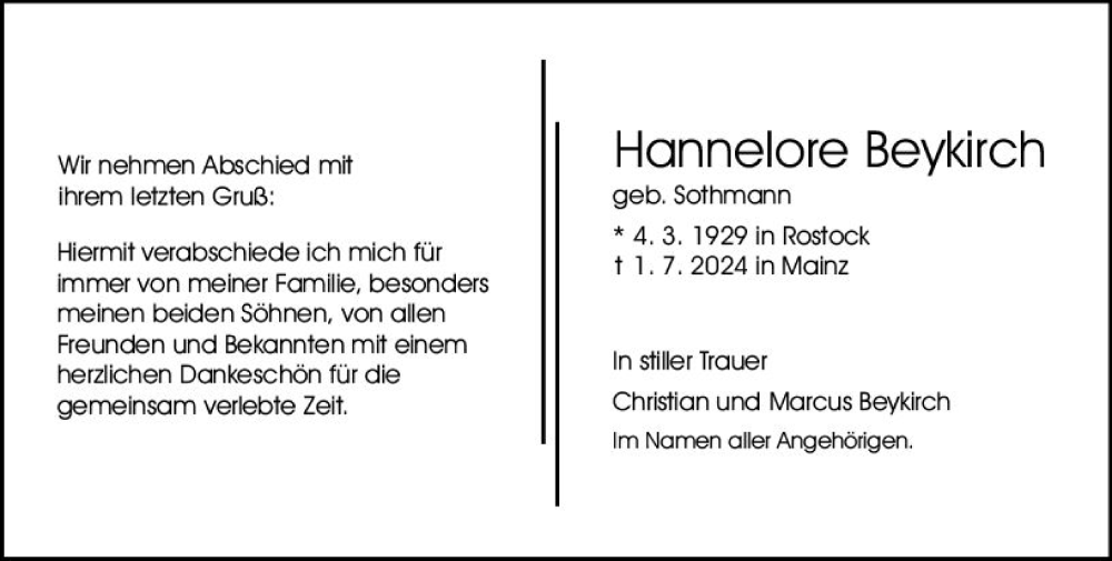  Traueranzeige für Hannelore Beykirch vom 13.07.2024 aus Allgemeine Zeitung Mainz