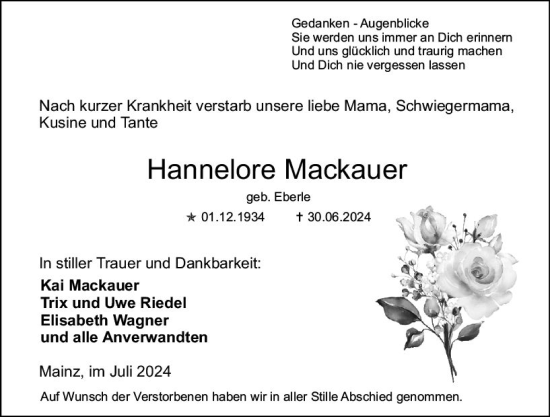 Traueranzeige von Hannelore Mackauer von Allgemeine Zeitung Mainz
