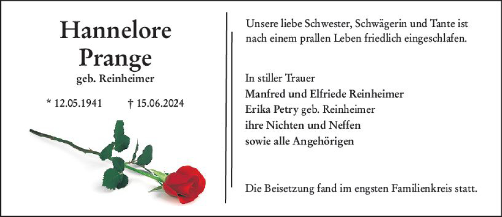  Traueranzeige für Hannelore Prange vom 13.07.2024 aus Darmstädter Echo