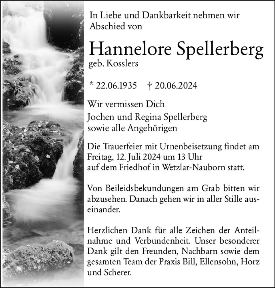  Traueranzeige für Hannelore Spellerberg vom 09.07.2024 aus Wetzlarer Neue Zeitung