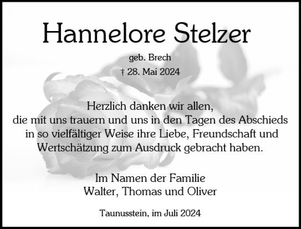  Traueranzeige für Hannelore Stelzer vom 06.07.2024 aus Wiesbadener Kurier