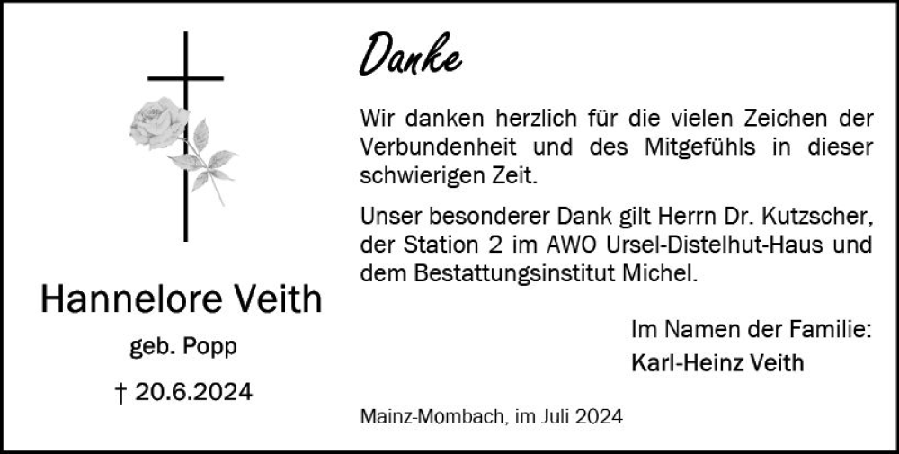  Traueranzeige für Hannelore Veith vom 13.07.2024 aus Allgemeine Zeitung Mainz
