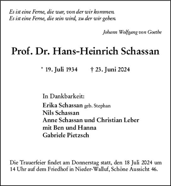 Traueranzeige von Hans-Heinrich Schassan von Wiesbadener Kurier