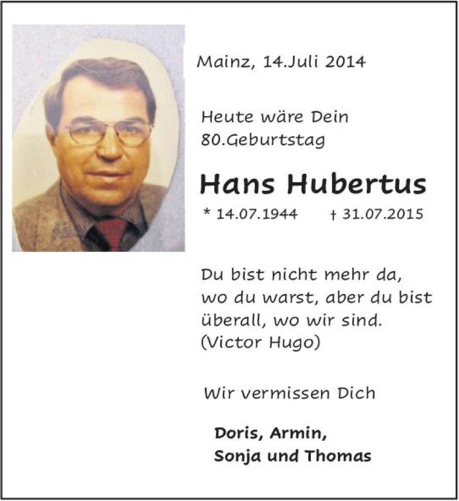 Traueranzeige für Hans Hubertus vom 13.07.2024 aus Allgemeine Zeitung Mainz