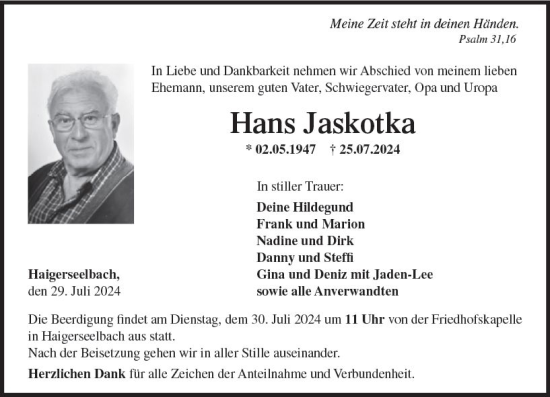 Traueranzeige von Hans Jaskotka von Dill Block