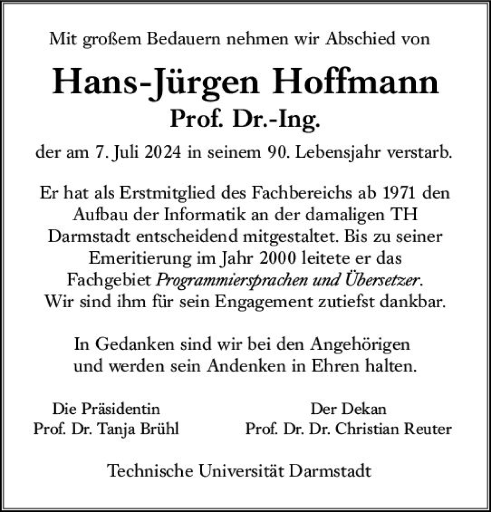  Traueranzeige für Hans-Jürgen Hoffmann vom 20.07.2024 aus Darmstädter Echo