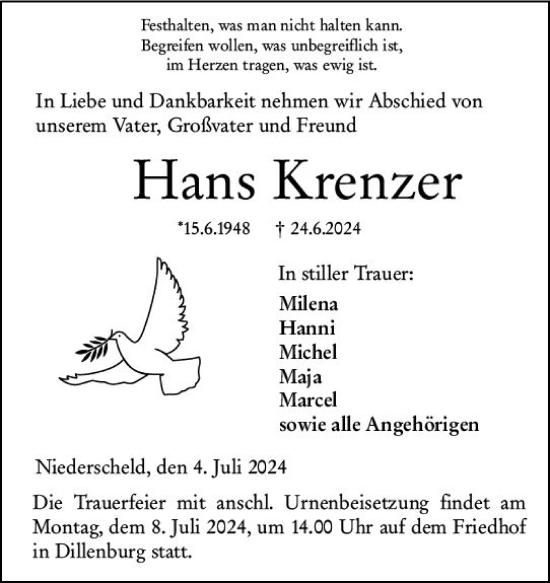 Traueranzeige von Hans Krenzer von Dill Block