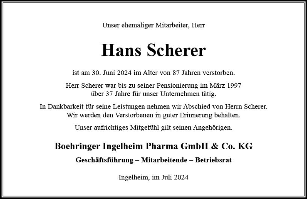  Traueranzeige für Hans Scherer vom 13.07.2024 aus Allgemeine Zeitung Rheinhessen-Nahe