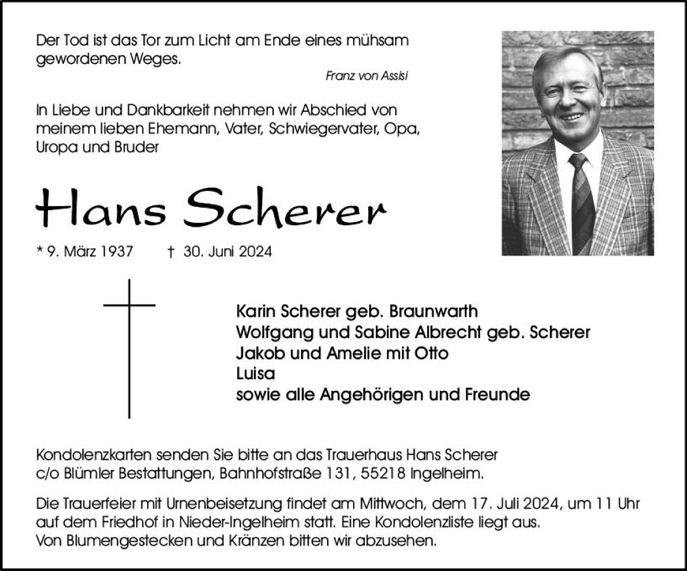  Traueranzeige für Hans Scherer vom 06.07.2024 aus Allgemeine Zeitung Rheinhessen-Nahe