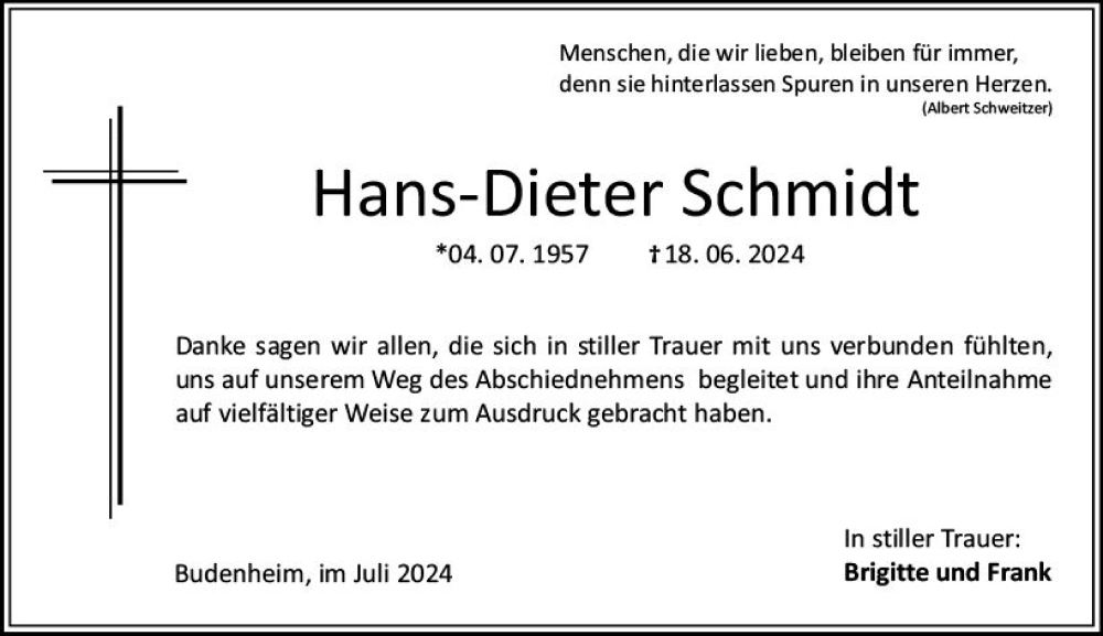  Traueranzeige für Hans Dieter Schmidt vom 06.07.2024 aus Wiesbadener Kurier