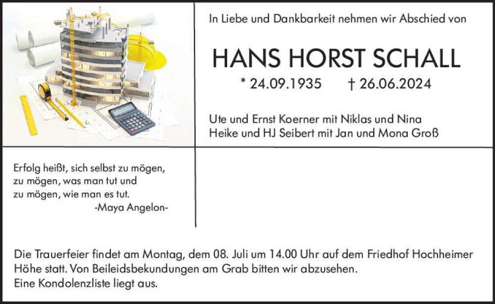  Traueranzeige für Hans Horst Schall vom 02.07.2024 aus Wormser Zeitung