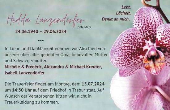 Traueranzeige von Hedda Lanzendörfer von Rüsselsheimer Echo