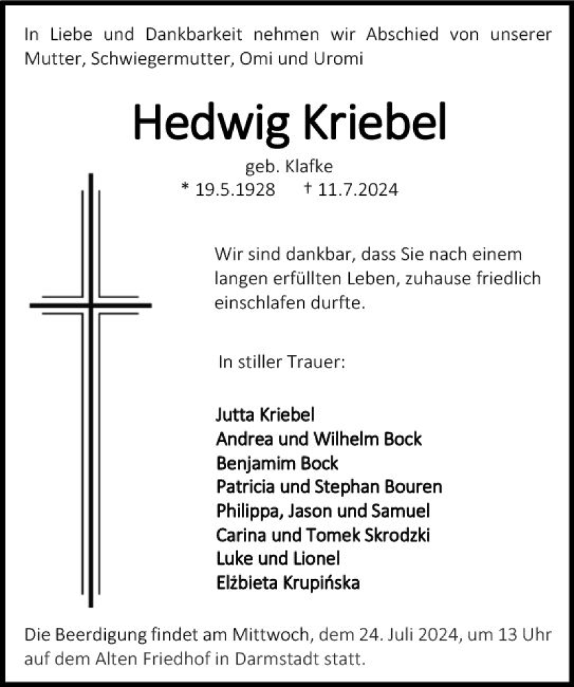  Traueranzeige für Hedwig Kriebel vom 20.07.2024 aus Darmstädter Echo