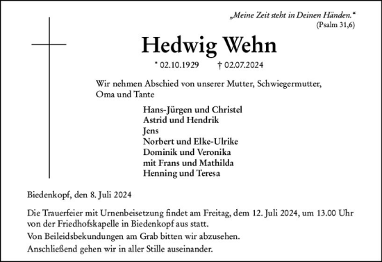Traueranzeige von Hedwig Wehn von Hinterländer Anzeiger