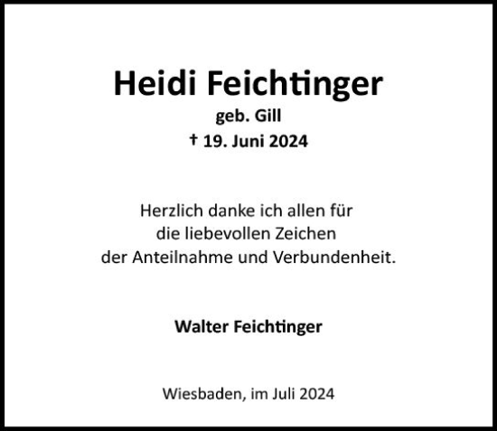 Traueranzeige von Heidi Feichtinger von Wiesbadener Kurier