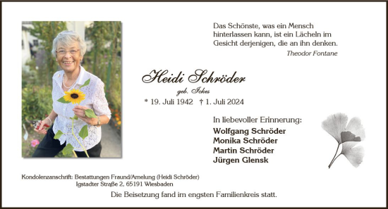 Traueranzeige von Heidi Schröder von Wiesbadener Kurier