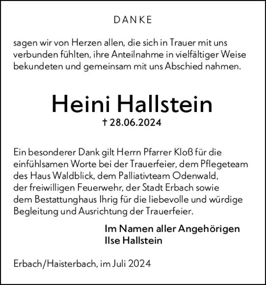  Traueranzeige für Heini Hallstein vom 27.07.2024 aus Odenwälder Echo