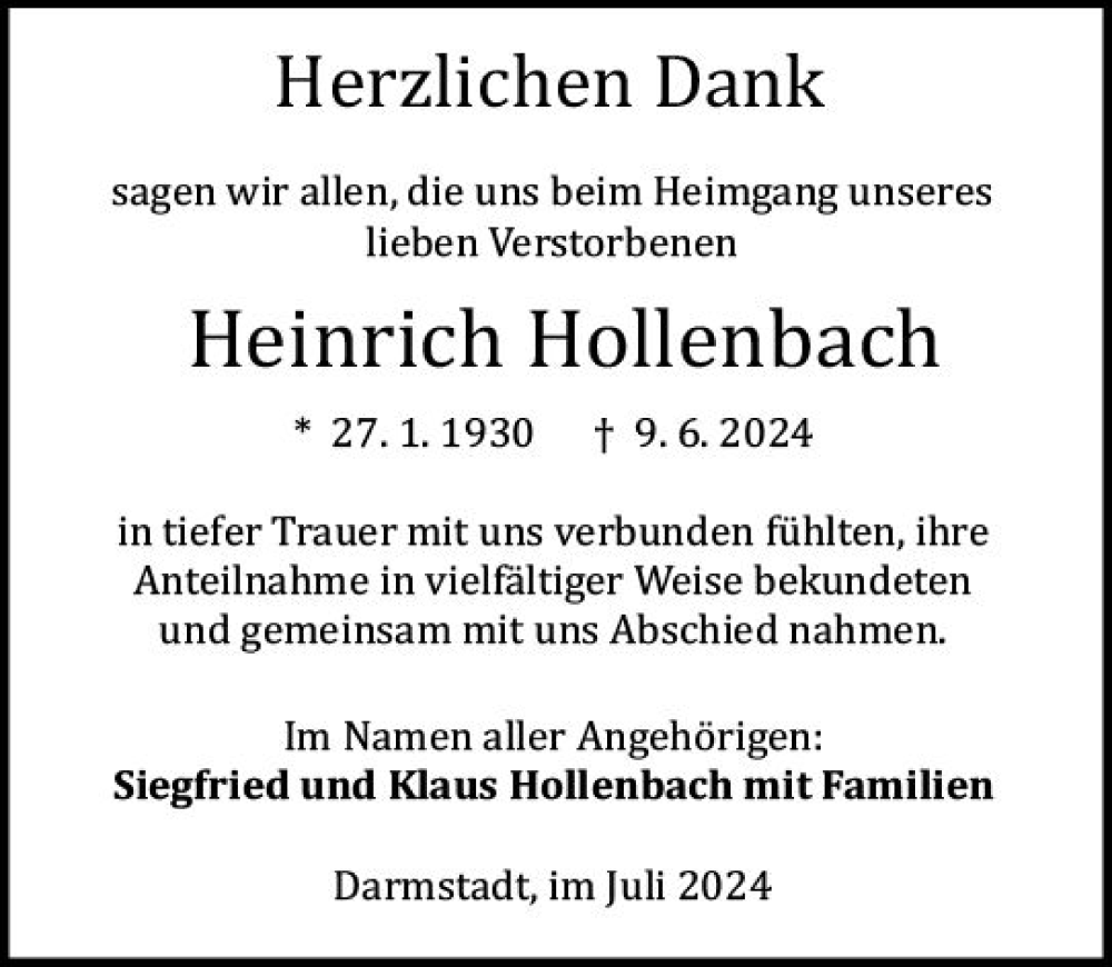  Traueranzeige für Heinrich Hollenbach vom 06.07.2024 aus Darmstädter Echo