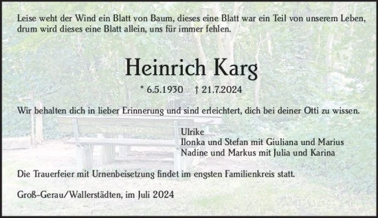 Traueranzeige von Heinrich Karg von Groß-Gerauer Echo