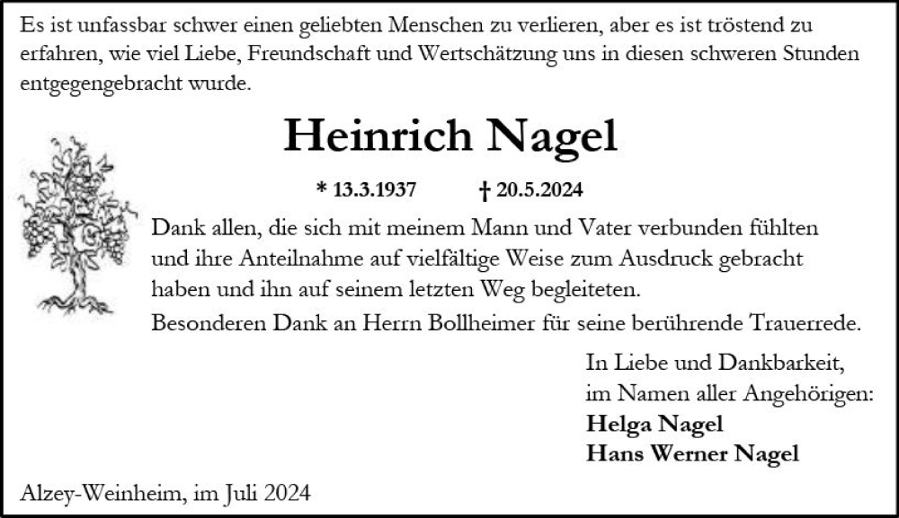  Traueranzeige für Heinrich Nagel vom 06.07.2024 aus Allgemeine Zeitung Alzey