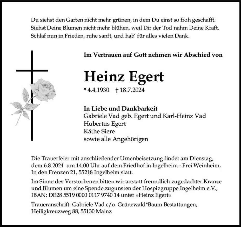  Traueranzeige für Heinz Egert vom 27.07.2024 aus Allgemeine Zeitung Rheinhessen-Nahe
