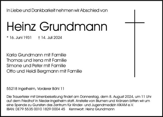 Traueranzeige von Heinz Grundmann von Allgemeine Zeitung Rheinhessen-Nahe