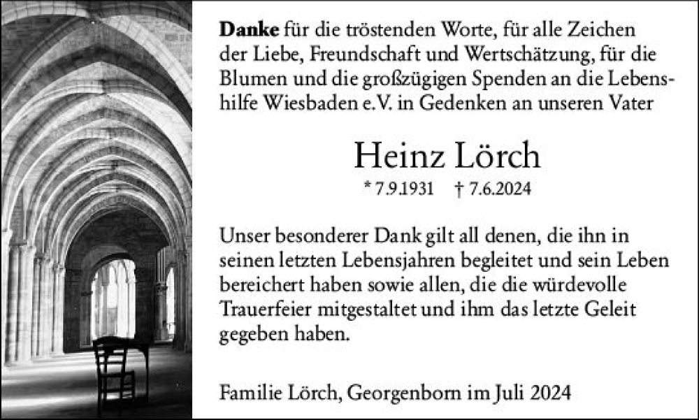  Traueranzeige für Heinz Lörch vom 06.07.2024 aus Wiesbadener Kurier