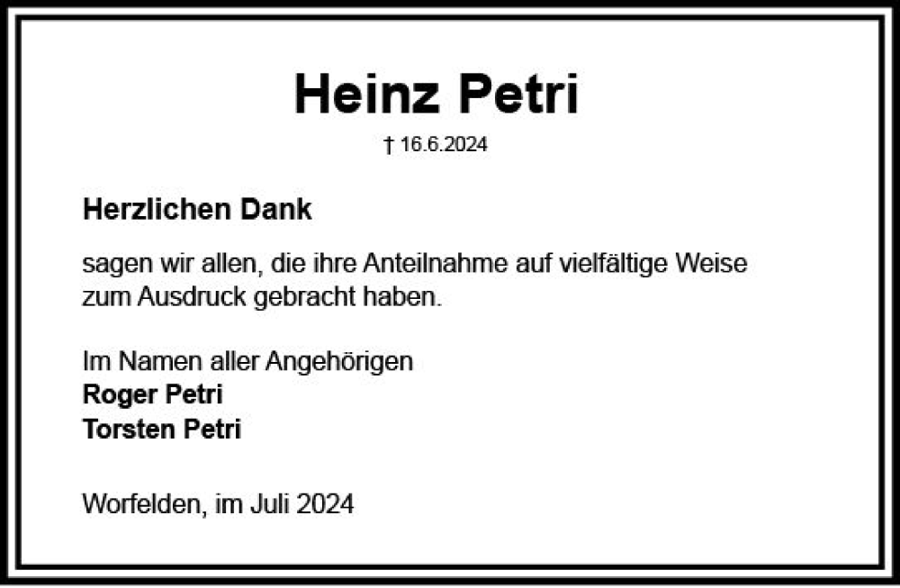  Traueranzeige für Heinz Petri vom 27.07.2024 aus Groß-Gerauer Echo