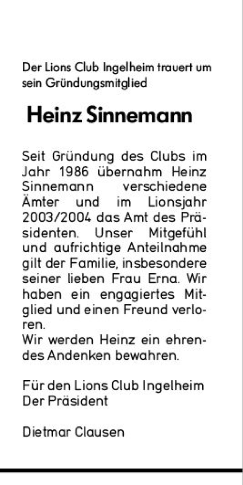 Traueranzeige von Heinz Sinnemann von Allgemeine Zeitung Rheinhessen-Nahe