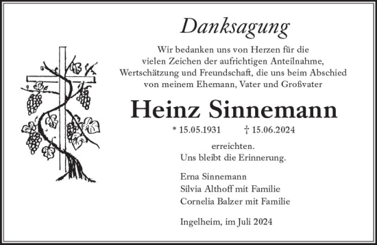 Traueranzeige von Heinz Sinnemann von Allgemeine Zeitung Rheinhessen-Nahe
